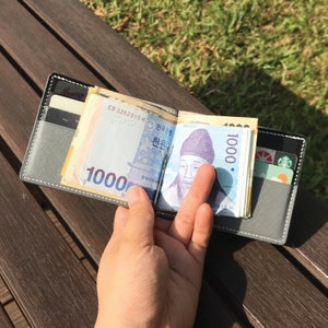 Money Clip Wallet | Grey Saffiano | Bifold Short Thin Slim Minimalist Free Engrave | Hand-stitched Personalized Genuine Leathercraft