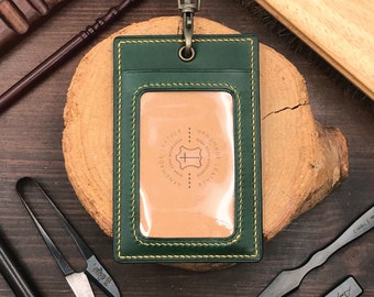 ID Card Holder | Green Buttero | Staff Badge | Pass | Lanyard | Embossed | Customized | Personalized Handmade Leather | Made to Order