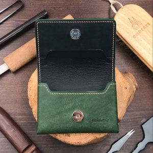 Business Card Case | Green Pueblo | Name Card Holder | Handy Magnetic Snap | Minimalist Wallet | Hand-stitched Genuine Leathercraft