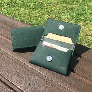 Business Card Case | Dark Green Saffiano | Name Card Holder | Handy Magnetic Snap | Minimalist Wallet | Hand-stitched Genuine Leathercraft
