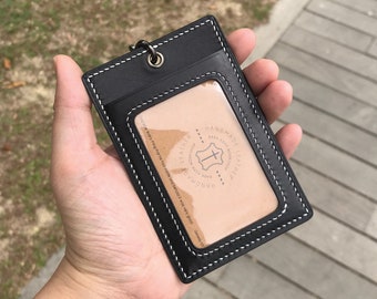 ID Card Holder | Black Calf | Staff Badge | Pass | Lanyard | Embossed | Customized | Personalized Handmade Leather | Made to Order