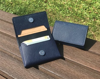 Business Card Case | Navy Saffiano | Name Card Holder | Handy Magnetic Snap | Minimalist Wallet | Hand-stitched Genuine Leathercraft