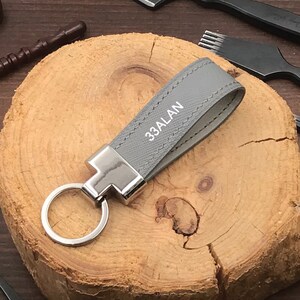 Personalized Handmade Key Ring | Grey Saffiano | Custom Embossed Keychain | Thoughtful Gift for Friends, Family, and Loved Ones