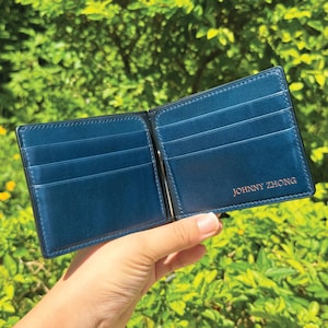 Money Clip Wallet | Blue Buttero | Bifold Short Thin Slim Minimalist Free Engrave | Hand-stitched Personalized Genuine Leathercraft