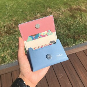 Business Card Case | Light Blue Saffiano | Name Card Holder | Handy Magnetic Snap | Minimalist Wallet | Hand-stitched Genuine Leathercraft