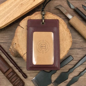 Personalized Handmade ID Cardholder | Red Wine Calf | Stylish with Leather Lanyard | Ideal for Office, Teachers, Doctors, Events