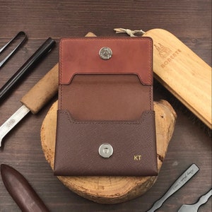 Business Card Case | Brown Saffiano | Name Card Holder | Handy Magnetic Snap | Minimalist Wallet | Hand-stitched Genuine Leathercraft