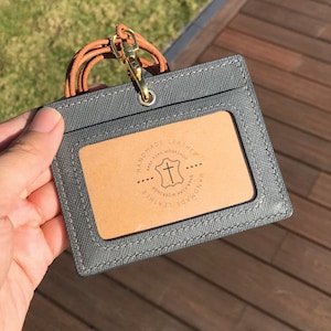 Personalized Handmade ID Cardholder | Grey Saffiano | Stylish with Leather Lanyard | Ideal for Office, Teachers, Doctors, Events
