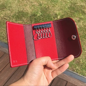 Personalized Handmade Key Holder | Red Saffiano | Elegant Key Wallet with Premium Amiet Keyplates | Perfect Gift for Relocation