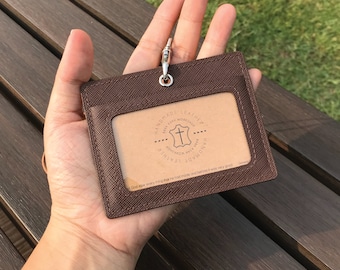 ID Card Holder | Brown Saffiano | Staff Badge | Pass | Lanyard | Embossed | Customized | Personalized Handmade Leather | Made to Order