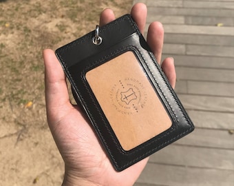 ID Card Holder | Black Buttero | Staff Badge | Pass | Lanyard | Embossed | Customized | Personalized Handmade Leather | Made to Order