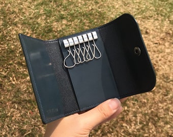 May include: Open navy blue leather key holder with silver key hooks. The key case is open, revealing the interior with multiple key hooks. The key holder is held against a background of green grass.