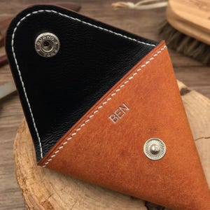 Personalized Handmade Coins Bag | 12-Colors Pueblo Leather | Chic Triangle Purse with Double-Sided Opening | Perfect for Everyday or Gifts
