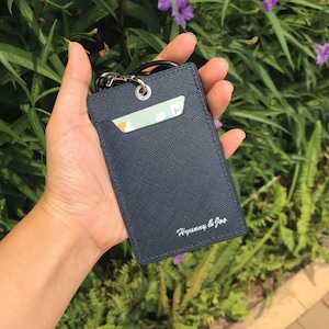 Personalized Handmade ID Cardholder | Navy Saffiano | Stylish with Leather Lanyard | Ideal for Office, Teachers, Doctors, Events