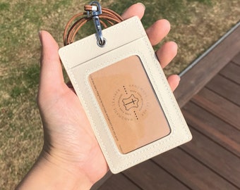 ID Card Holder | White Saffiano | Staff Badge | Pass | Lanyard | Embossed | Customized | Personalized Handmade Leather | Made to Order