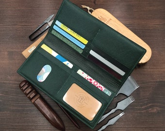 Bifold Long Wallet | Dark Green Saffiano | Men's Coat Slim Wallet | Women's Engraved Multicolor Wallet |  Personalized Genuine Leathercraft