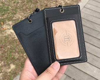 4-Colors Calf Leather | ID Card Holder | Staff Badge | Pass | Lanyard | Genuine Leather | Embossed | Customized Hand Stitched Product