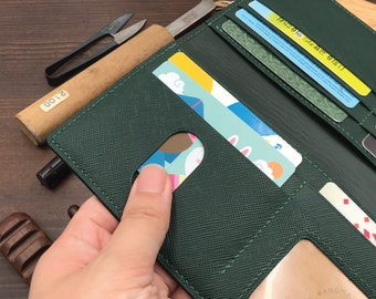 12-Colors Saffiano Leather | Bifold Long Wallet | Credit Card Coins ID Window | Personalized Multicolor Slim Tall Wallet  | Handcrafted