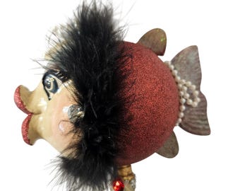 Vintage Whimsical Art Fish Scepter Wand Feather Rattle Glitter Lips Hand Painted