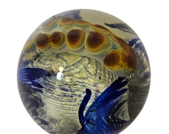 Studio Art Glass Paperweight Blue Jellyfish Tentacle Orb Controlled Bubble Sculp