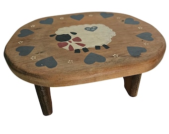 Vintage Hand Painted Wooden Sheep Step Stool Folk Art Country Hearts Plant Stand
