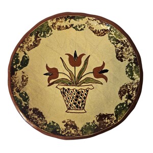 Red Oaks Pottery Redware Plate 6" Folk Art Tulip Basket Signed Pam Handcrafted