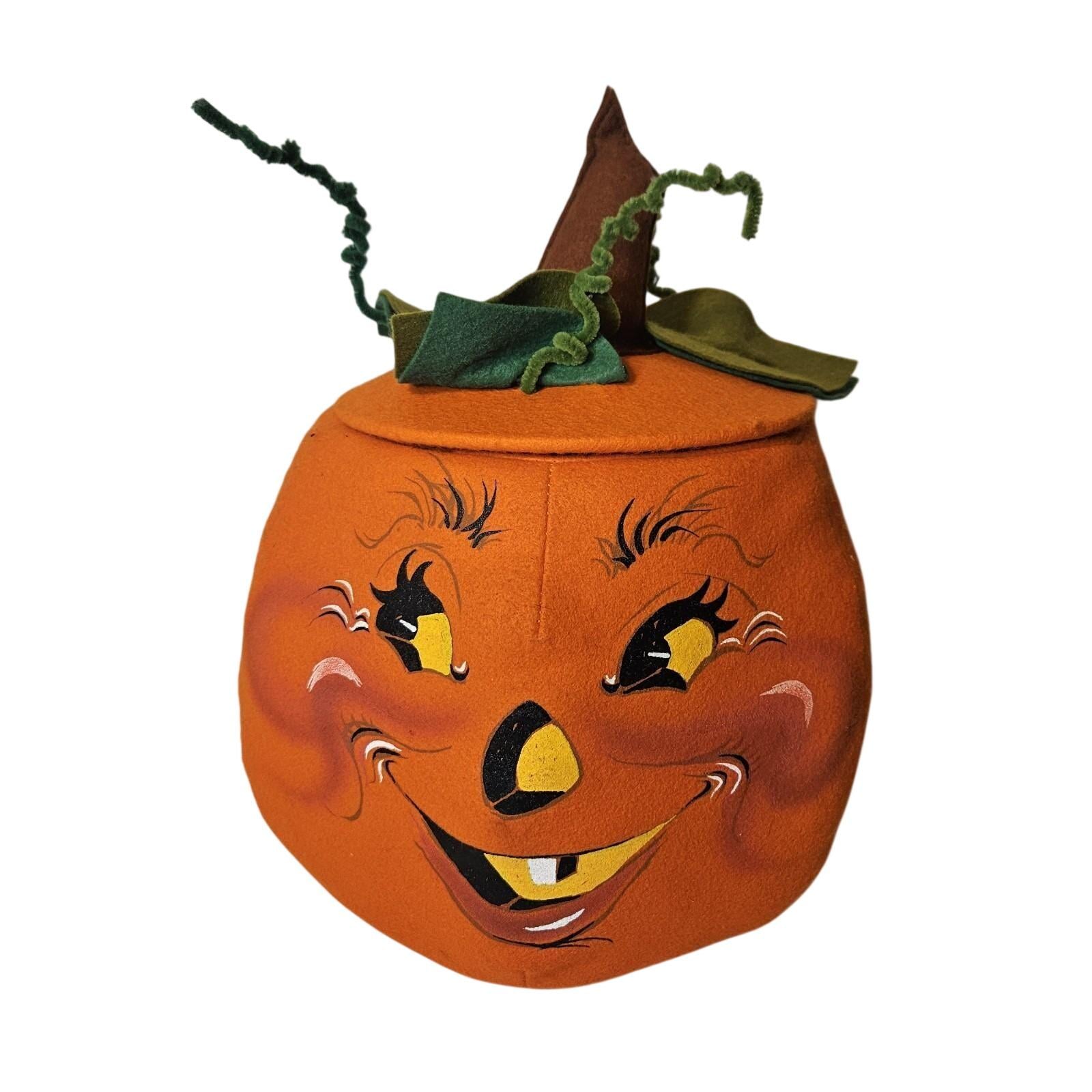 1994 Annalee Halloween Pumpkin Felt Candy Holder Lid USA Jack-o'-lantern