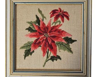 Vintage Elsa Williams Poinsettia Crewel Embroidery Framed Floral Art 8.5x8.5