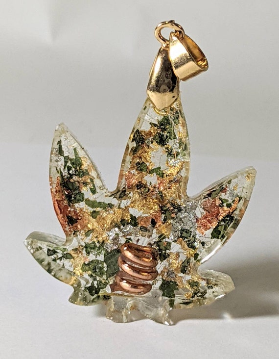Marijuana leaf pendant w 14kt gold leaf, copper leaf and  Quartz crystal. EMP Protection, high frequency from California