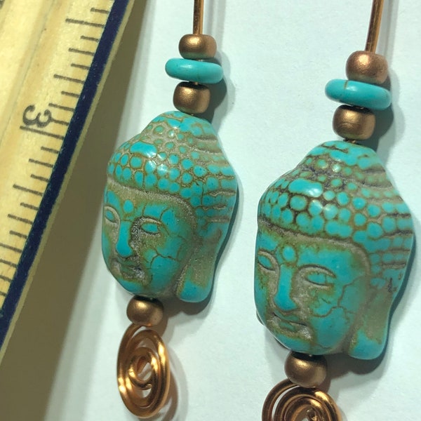 Turquoise Buddha head cooper wire wrap earrings and ring