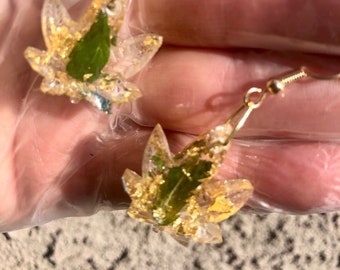 Orgonite Real Marijuana leaf earrings with gold leaf. Sunny California locally grown