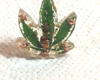 Orgonite With Real Marijuana leaf pendant w 14kt gold leaf, and  Quartz crystal. EMP Protection, high frequency from California 100% Organic