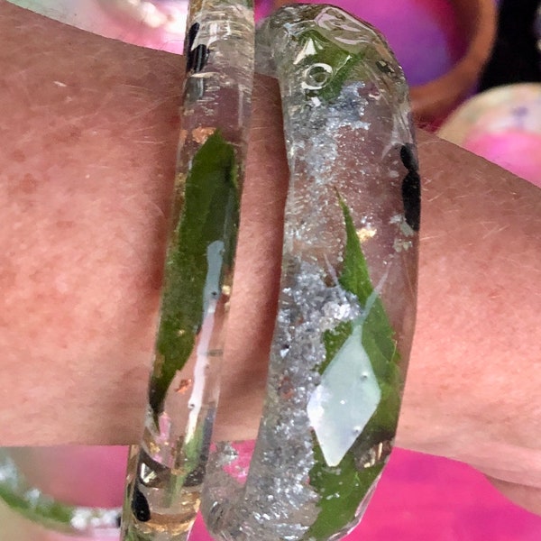 Orgonite Cannabis and gold leaf- Black tourmaline and pyrite bangle bracelet