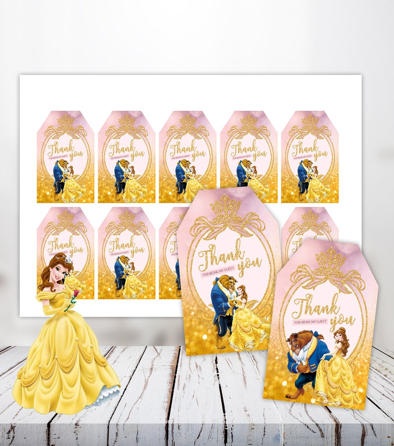Belle birthday tags printable Beauty and The Beast thank you | Etsy