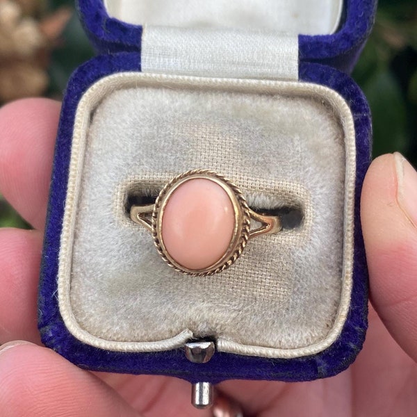 Anillo de compromiso vintage con coral en oro de 9 quilates, talla M o 6,5, anillo de compromiso vintage, anillo de coral vintage, anillo de compromiso vintage con coral