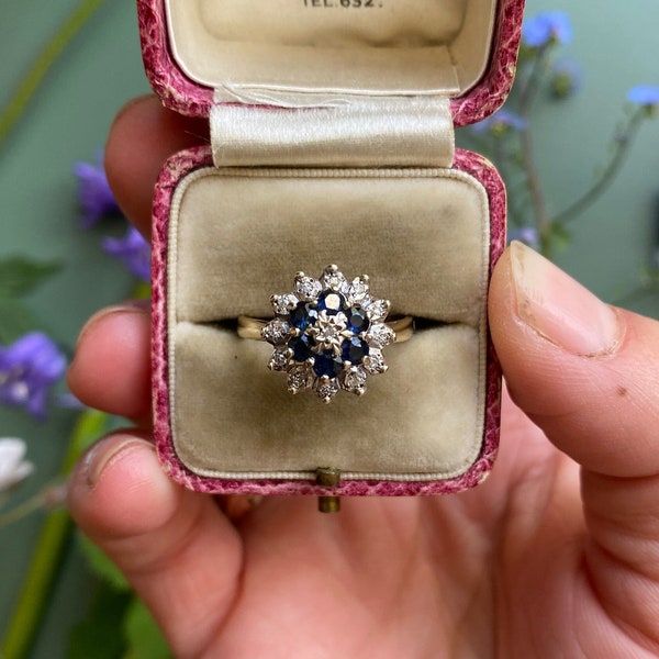 Vintage 9ct Gold Sapphire and Diamond Cluster Ring, Size N or 7, Vintage Engagement Ring, Vintage Sapphire Ring, Vintage Diamond Ring,