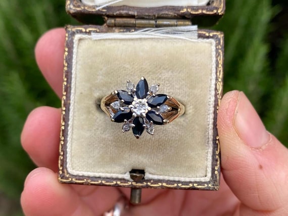 Vintage 9ct Gold Sapphire and Diamond Flower Ring, Size Q or 8.5