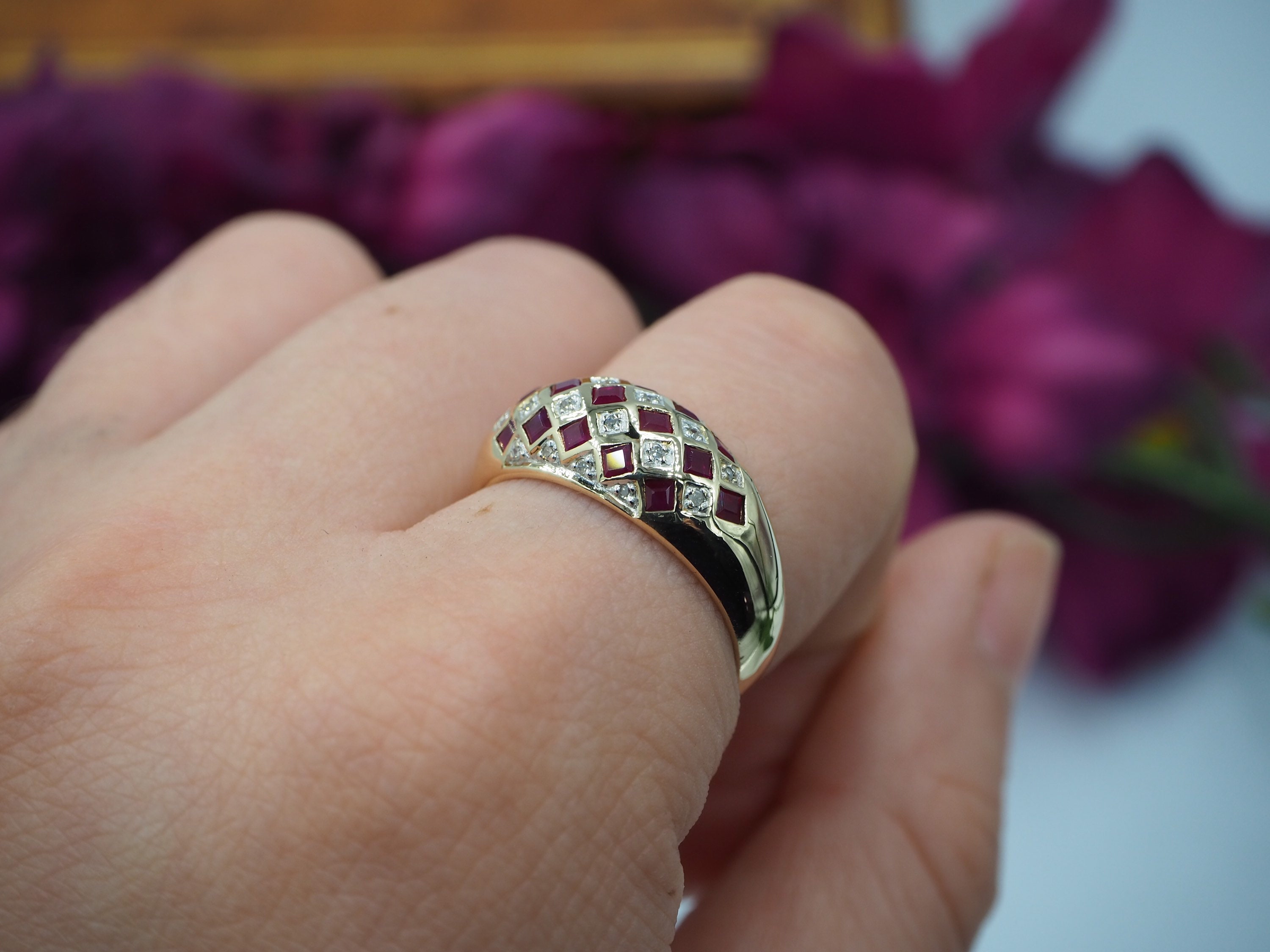 Vintage 9ct Gold Ruby and Diamond Dome Ring, Size O 1/2 or 7.75