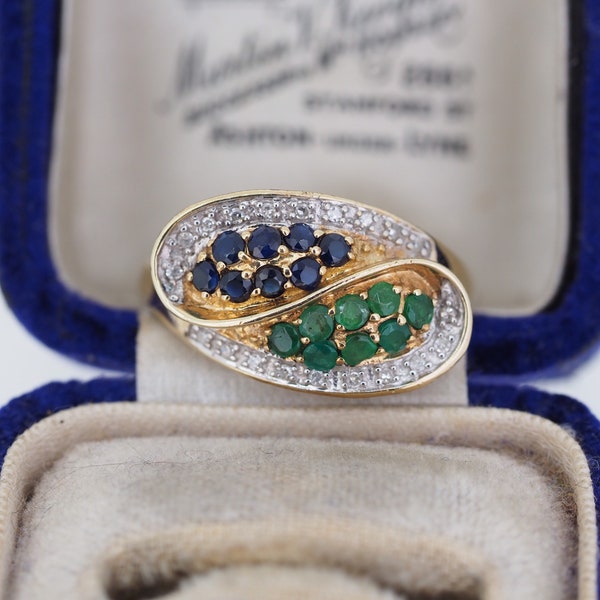 9ct Gold Sapphire, Emerald and Diamond Ring, Size O or 7.5, Vintage Engagement Ring, Vintage Sapphire Ring, Vintage Emerald Ring, Diamond