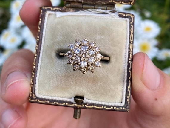 9ct Gold Champagne Diamond Cluster Ring, Size N or 7