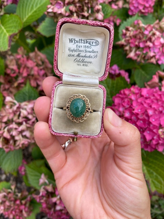Vintage 9ct Gold Green Aventurine Cabochon Solitaire Ring, Size T or 10