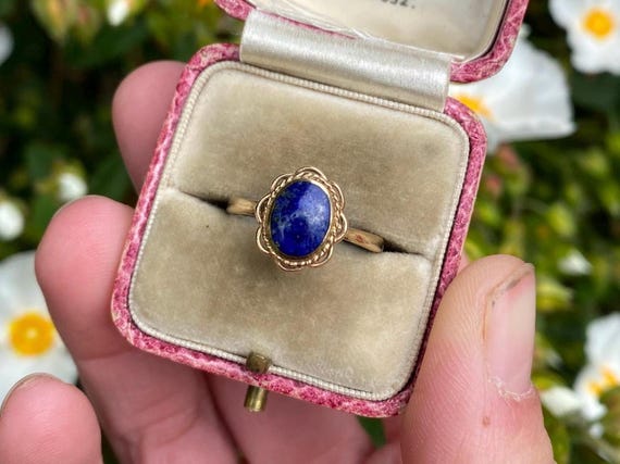 vintage 9ct Gold Lapis Lazuli Cabochon Solitaire Ring, Size N1/2 or 7.25