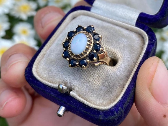 Vintage 9ct Gold Sapphire and Opal Ring, Size M or 6.5