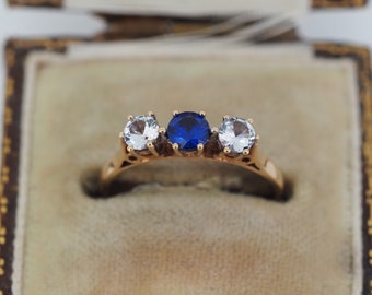 Vintage 9ct Gold Sapphire and Spinel Trilogy Ring, Size M or 6.5, Vintage Engagement Ring, Vintage Sapphire Ring, Vintage Spinel Ring, Trio