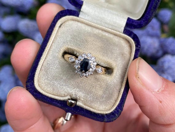 Vintage 9ct Gold Sapphire and Diamond Ring, Size J1/2 or 5