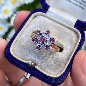 Vintage 9ct Gold Ruby and Diamond Cluster Ring, Size N or 7,  Vintage Engagement Ring, Vintage Ruby Ring, Vintage Diamond Ring, Star Ring
