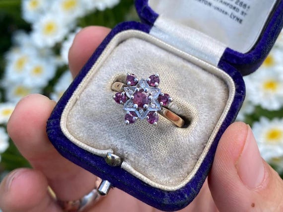 Vintage 9ct Gold Ruby and Diamond Cluster Ring, Size N or 7