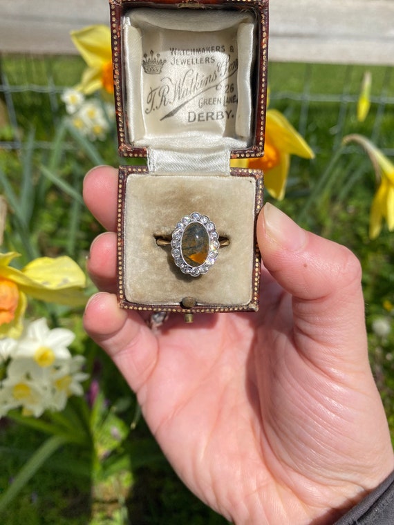 Vintage 9ct Gold Moss Agate Cabochon and Cubic Zirconia Ring, Size M or 6.5