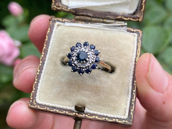 Vintage 9ct Gold Sapphire and Diamond Ring, Size L or 6