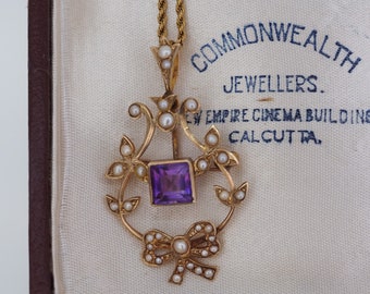 Antique 9ct Gold Amethyst Pearl Pendant Necklace - Art Nouveau